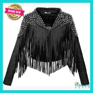 Faux Suede Leather Motorcycle Jacket Punk Rock Fringe Spike Rivet Slim Fit